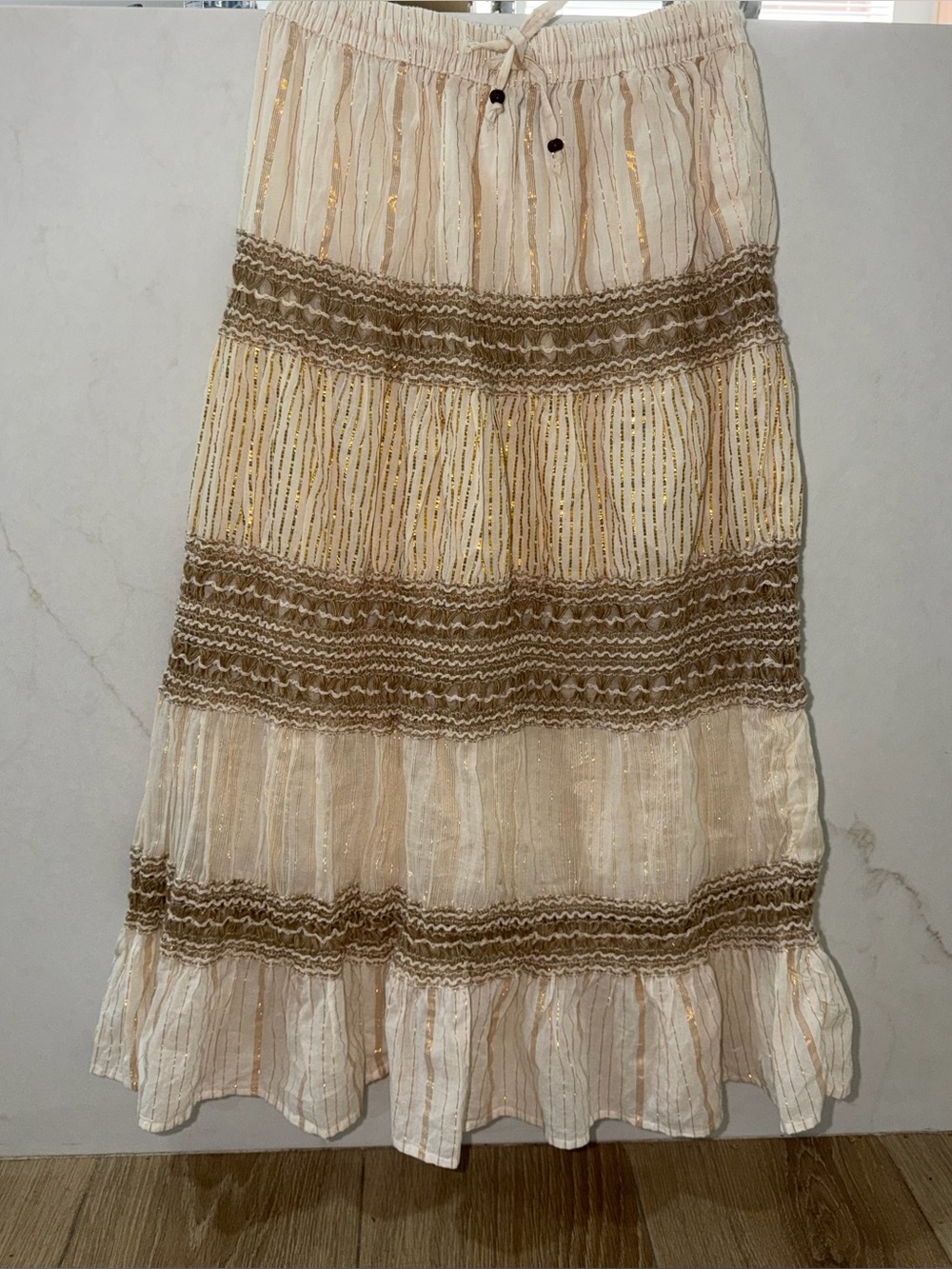 100% cotton Cream Tiered Maxi Skirt with Brown Trim